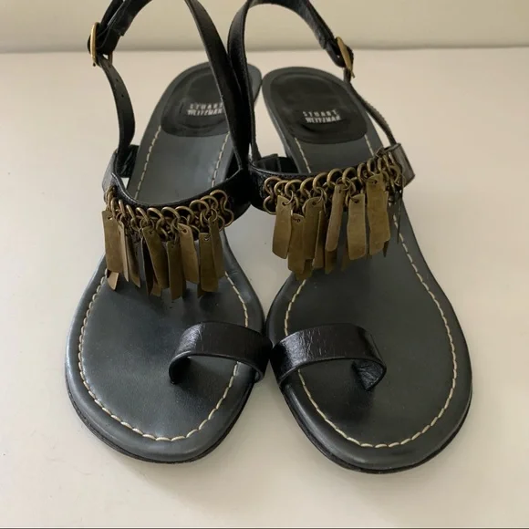 Stuart Weitzman Heeled Toe Ring Sandals with Bronze Metal Fringe, US W6 - Picture 3 of 12